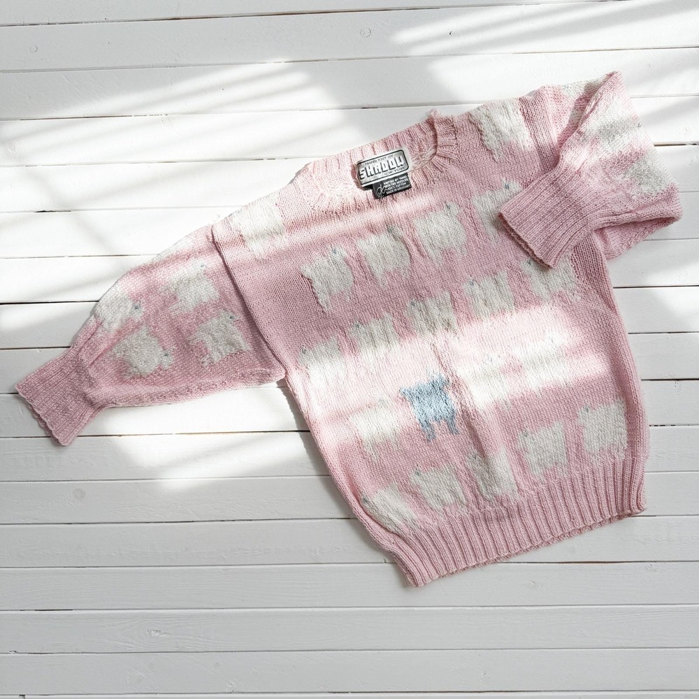 vtg‎ Shadow New York pastel pink sheep hand knit short sleeve sweater size S